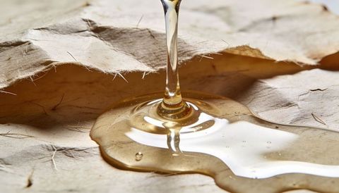 Pouring amber honey forming glossy puddle on dried leaf macro texture and fibers closeup