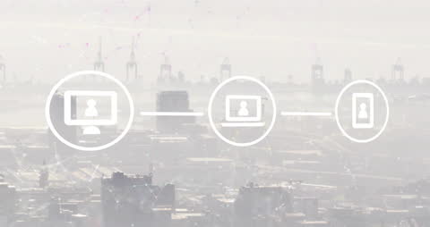 Digital Network Icons Overlay on Cityscape Background
