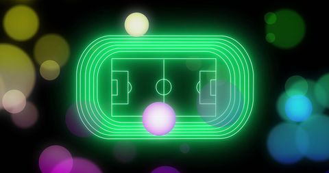 Neon Football Field Amid Bright Bokeh Lights on Dark Background