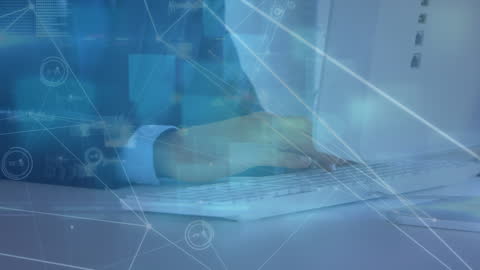 Businessman Hands Typing Amidst Digital Network Overlay