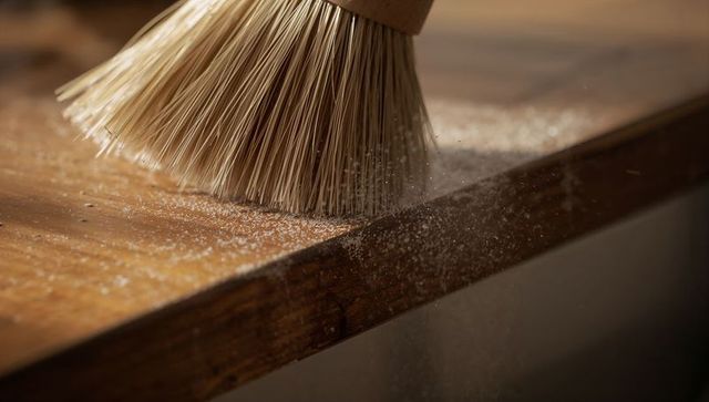 Natural-fiber brush sweeping fine sawdust from wooden bench close-up