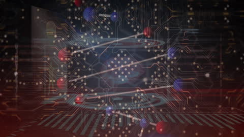 Illustration of DNA Strand Over Circuit Board with Data Graphics