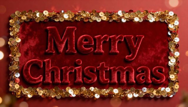 Luxurious red velvet merry christmas festive plaque with gold sequins and warm bokeh