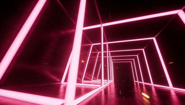 Futuristic neon tunnel with glowing pink geometric frames receding into glossy corridor