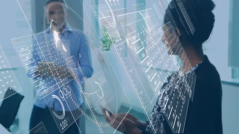 Businesswoman Analyzing Virtual Financial Data Processing Interface