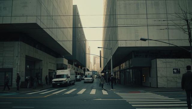 Commuters crossing urban concrete canyon with delivery vans and zebra crosswalk
