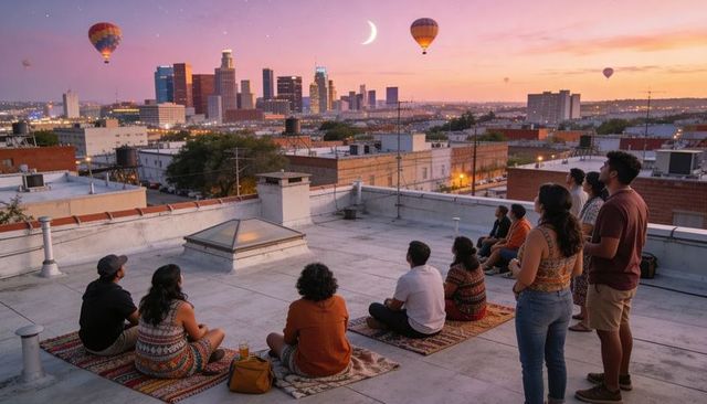 Friends watching city skyline at dusk from rooftop rugs with hot air balloons and moonrise