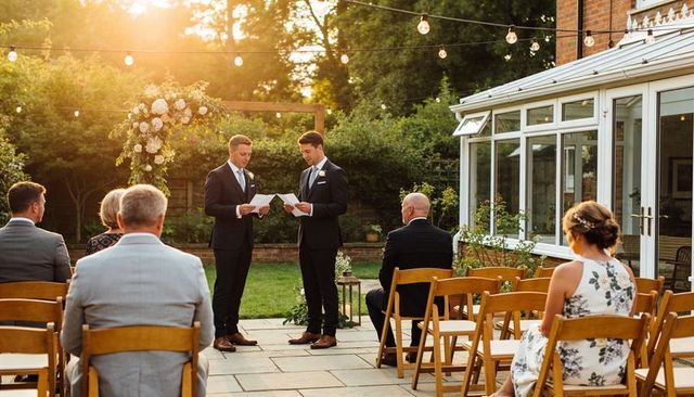 Two grooms reading vows under floral arch in intimate backyard garden ceremony