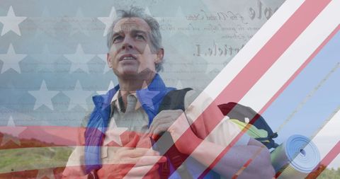 American Patriotism: Senior Man Hiking with Flag Overlay in Mountains