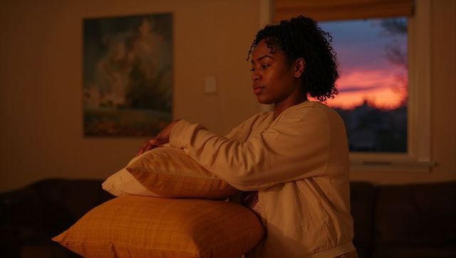 Woman leaning on mustard pillows at sunset contemplative living room with warm amber light
