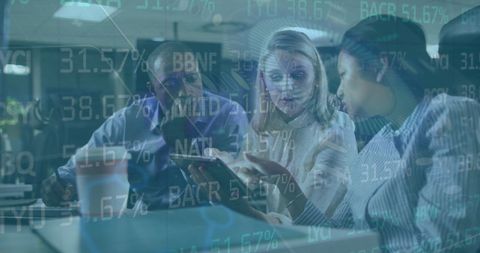 Stock market data overlay with focused business team
