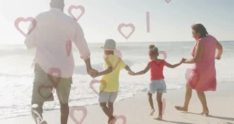 Family Enjoying Peaceful Beach Walk with Heart Animations