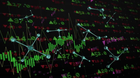 Abstract Finance Animation with Rotating Green 3D Molecules