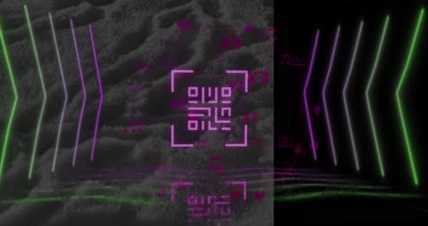 Neon QR Code with Spinning Digital Icons on Abstract Background