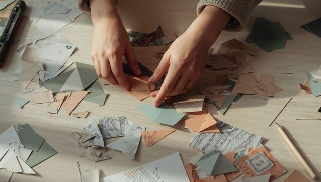 Hands creating with paper cutouts on artistic desk