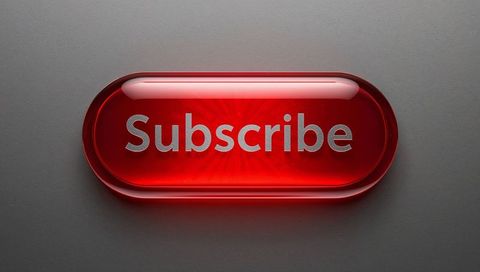 Glossy red subscribe button with metallic text, soft glow and minimal gray background