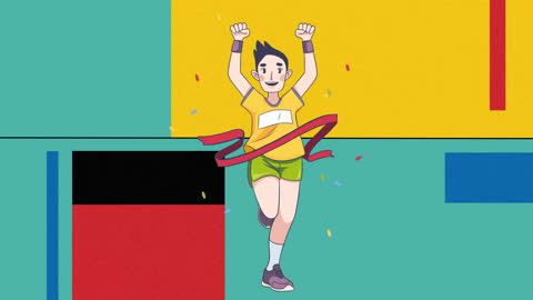 Animated Female Runner Celebrating Across Vibrant Finish Line