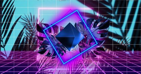 Futuristic Neon Frame with 3D Diamond and Antropical Leaves - Download Free Stock Images Pikwizard.com