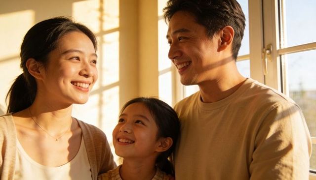 Smiling parents holding daughter by sunlit window creating warm intimate family moment