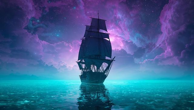 Sailing Tall Ship in Ethereal Night Under Starry Sky