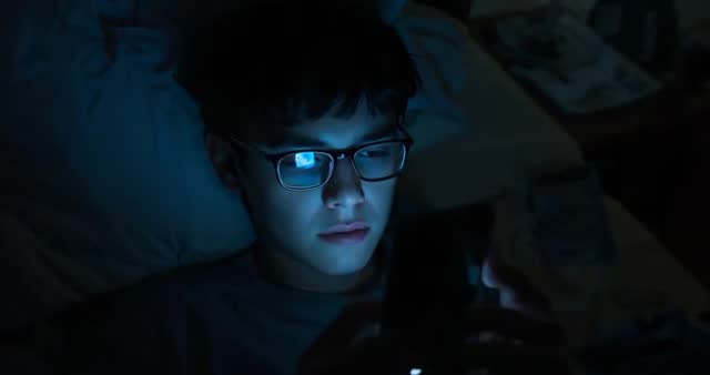 Teen Using Smartphone at Night in Bedroom Illuminated by Screen Light
