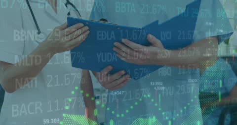 Healthcare Professionals Analyzing Reports Amidst Stock Market Data Visualization