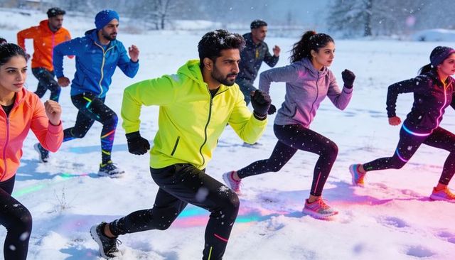 Neon winter running team training in snow, high-intensity outdoor fitness group
