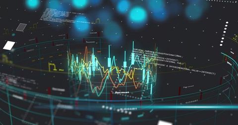 Holographic 3d data dashboard visualizing market trends with neon candlestick charts
