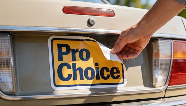 Hand peeling pro choice bumper sticker from beige sedan trunk under sunlight