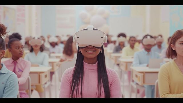 Students Using VR Headsets in Futuristic Pastel Classroom