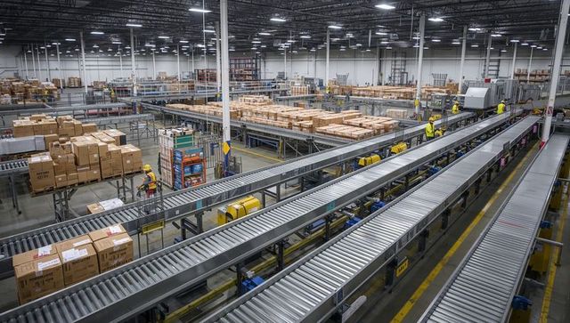 High-volume fulfillment warehouse with automated conveyors transporting boxed orders