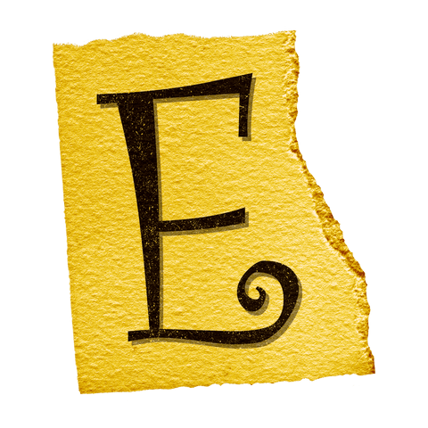Decorative letter e on torn yellow textured design