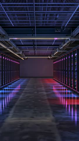 Pulsing LEDs casting neon reflections along server aisle in vertical datacenter video