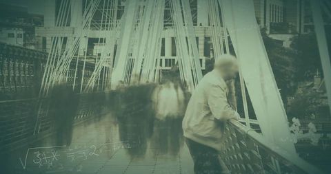 Blurred Urban Bridge Crossing with Equations Overlay