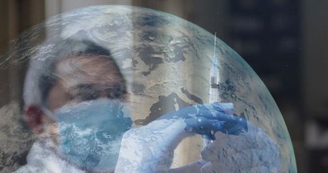 Medical professional with syringe overlayed on globe