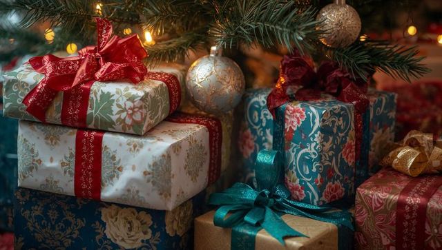 Festive christmas gifts under tree with lights and ornaments