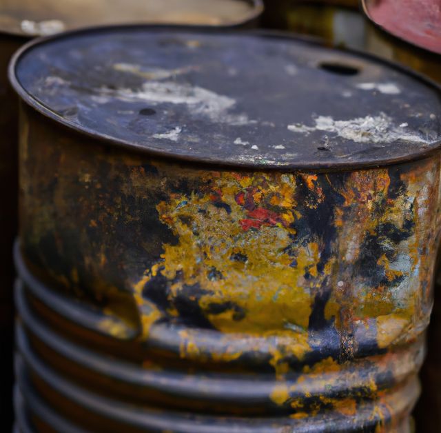 Close up of old oil drums created using generative ai technology. Factory and ecology concept, digitally generated image.