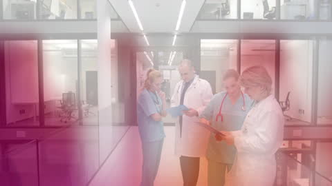 Medical Team Collaborating with Digital Overlay in Modern Setting