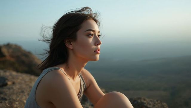 Contemplative asian woman gazing at sunrise from cliff ridge, windblown hair, serene gaze