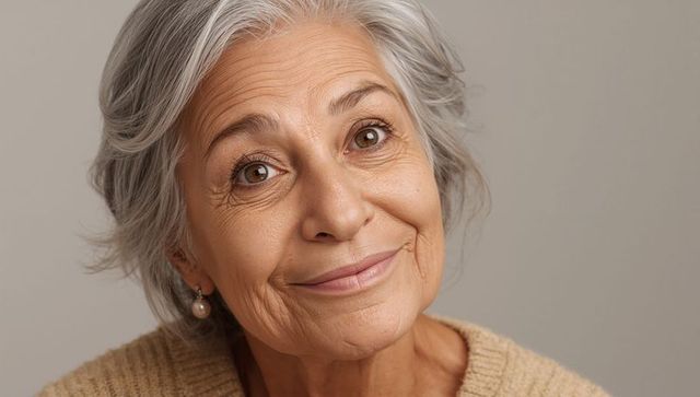 Senior woman tilting head and smiling wearing pearl earring beige sweater gaze portrait