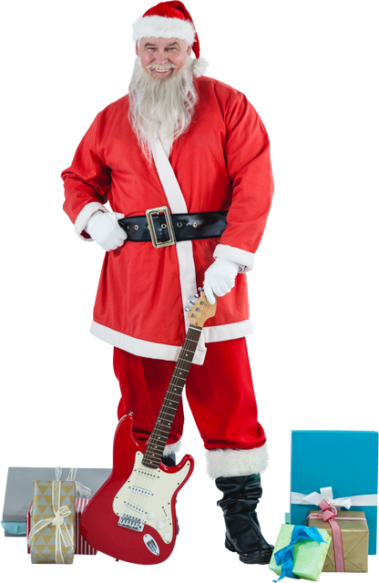 Transparent Santa Claus Standing with Guitar and Gifts on White Background - Download Free Stock Videos Pikwizard.com