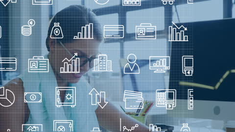 Businesswoman Adjacent to Abstract Digital Interface as Financial Symbols Overlay