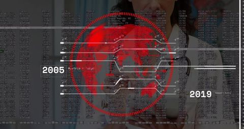 Doctor in white coat with stethoscope interacting with red global health data timeline 2005-2019