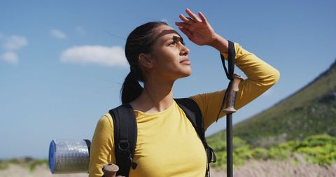Adventurous Woman Hiking in Sun-Kissed Mountain Landscape