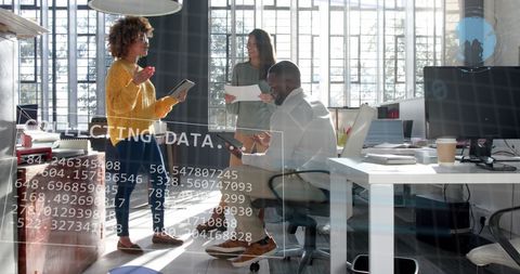 scene captures a collaborative environment where diverse professionals engage in data analysis and discussions in a modern office. perfect for illustrating themes like team collaboration, modern business solutions, data-driven decision making, digital workplace dynamics, and contemporary office settings.