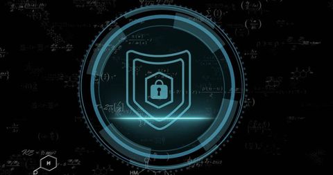 Futuristic cybersecurity shield with padlock hud and neon encryption visualization