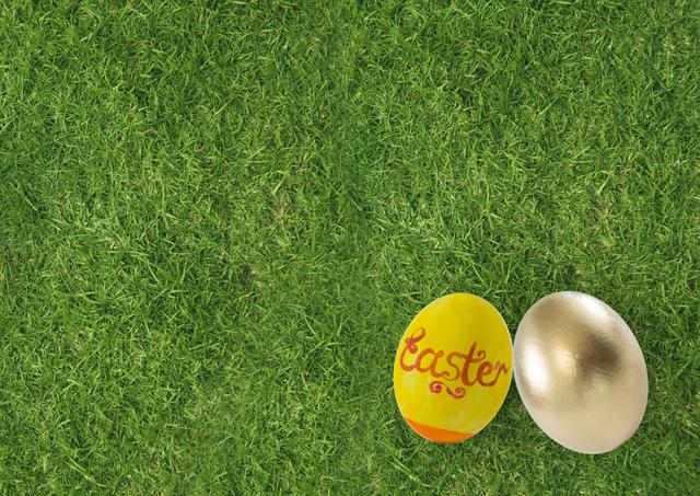 Digital composite of Easter egg and gold egg on the grass.