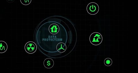 Futuristic data protection hud with neon icons and holographic cyber security panel