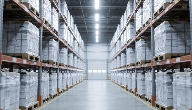 Displaying modern warehouse aisle featuring pallet racking and shrink-wrapped pallet stacks