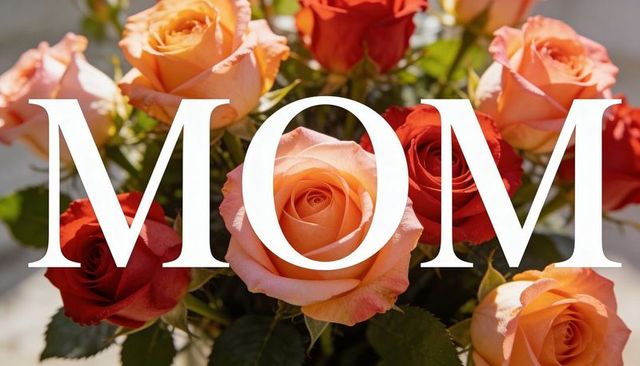 Mom overlay on coral and red rose bouquet for mother's day card and social media